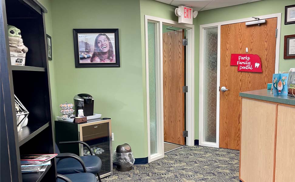 Complimentary beverage bar in dental office waiting room